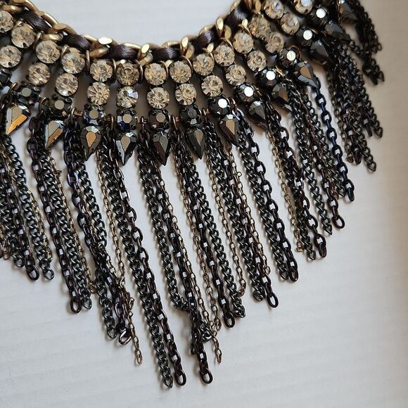 Dramatic Multicolor Black Silver Gold Bib Necklace with Fringe Rhinestones - Picture 4 of 6